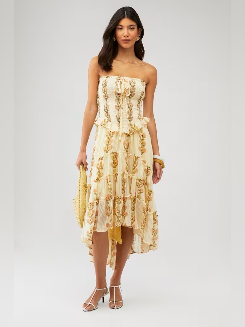Free People Alejandra Floral Smocked High Low Midi Dress Ivory NWT XL Romantic